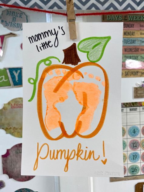 Pumpkin Craft Infants, Footprint Art Ideas, Pumpkin Footprint Art For Infants, Orange Infant Crafts, September Arts And Crafts For Infants, C Footprint Craft, Pumpkin Feet Prints, Family Art For Infants, Fall Art Work For Toddlers