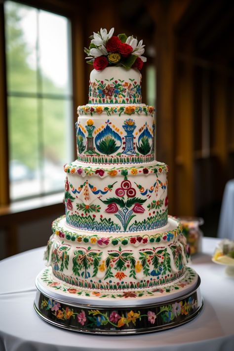 planning folklor wedding? don't forget awesome themed wedding cake ❤️ Polish Wedding Cake, Wedding Cake Colorful Flowers, Maximalist Wedding Cake, Funky Wedding Cake, Romani Wedding, Art Themed Wedding, Folklore Wedding, Hungarian Wedding, Colorful Wedding Cake