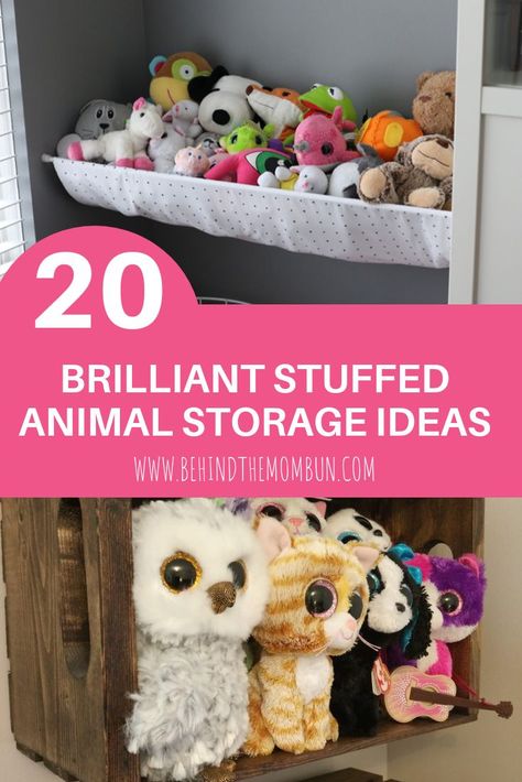 Do your child's stuffed animals seem to be multiplying? Check out these brilliant stuffed animal storage ideas from Behind the Mom Bun. #stuffedanimalstorage #momhacks #momlife #toystorage Stuffed Animal Storage Zoo, Animal Storage Ideas, Stuffed Animal Storage Ideas, Teddy Storage, Stuffed Animal Displays, Storing Stuffed Animals, Mom Bun, Pet Organization, Monkey Stuffed Animal