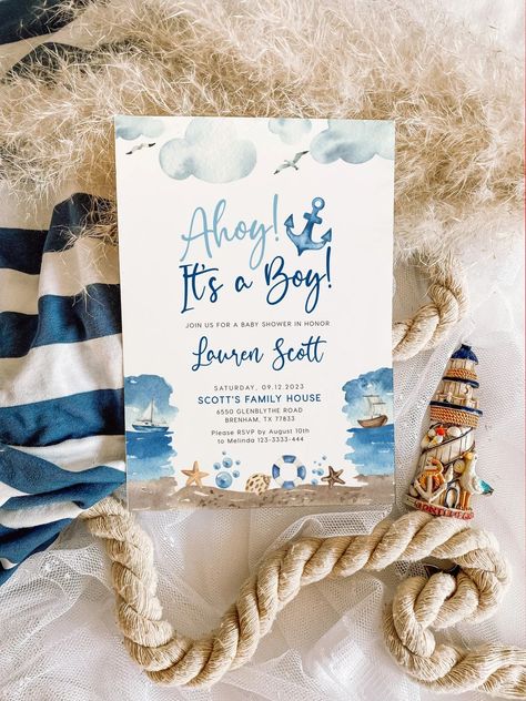 Nautical Baby Shower Invitations, Ahoy Its A Boy, Boy Baby Shower Ideas, Baby Shower Invitaciones, Baby Shower Invitation Template, Nautical Baby Shower, Boy Baby Shower Themes, Nautical Baby, Invitation Baby Shower