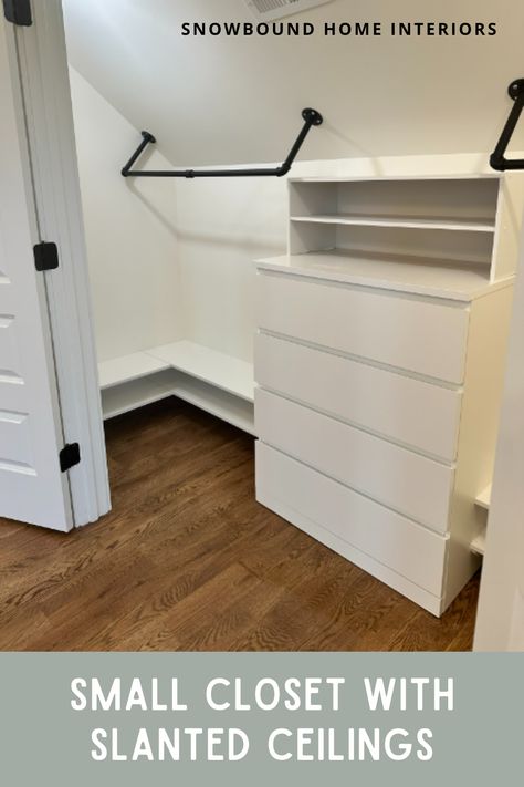 Walk In Closet Ideas With Slanted Roof, Walk In Closet With Slanted Walls, Small Bedroom Angled Ceilings, Farmhouse Bedroom Slanted Ceiling, Trim On Slanted Ceiling, Built In Closet Slanted Roof, Open Closet Slanted Ceiling, Half Wall Closet Ideas, Closet Designs Sloped Ceiling