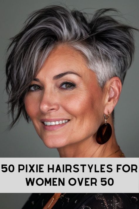 Great Short Haircuts, Undercut Over 50, Super Short Grey Hair, Pixie Haircut For Gray Hair, Pixie Haircut Shaved Back, Stacked Shaggy Bob, Beautiful Hair Color Ideas Short Hair, Colour For Greying Hair, Pixie With An Undercut