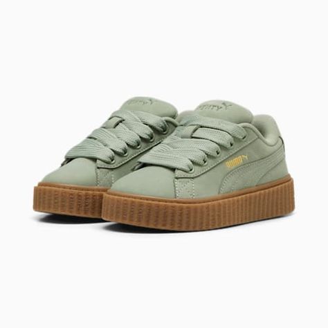 FENTY x PUMA Creeper Phatty Earth Tone Little Kids' Sneakers, Green Fog-PUMA Gold-Gum, extralarge Fenty X Puma Shoes, Fenty Puma Creepers, Rihanna Creepers, Puma Creepers, Puma X Fenty, Puma Rihanna, Sneakers Green, The Creeper, Toned Women