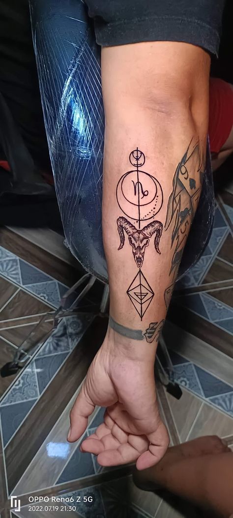 Tattoo Ideas For Men Capricorn, Capricorn Tattoo For Men, Capricorn Zodiac Tattoo, Spiritual Tattoos For Men, Outer Forearm Tattoo, Capricorn Tattoo, Spiritual Tattoos, Zodiac Tattoo, Capricorn Zodiac