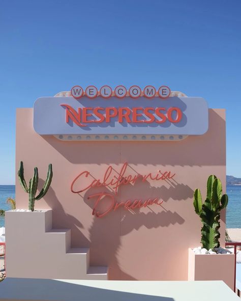 Nespresso Plage Californian Dream Pop-Up Installation, Cannes France. Pop Up Backdrop, Pop Up Cafe, Baseball Jackets, Brand Pop, Dream Pop, Exhibition Booth Design, Event Activities, Pop Up Event, Cannes France