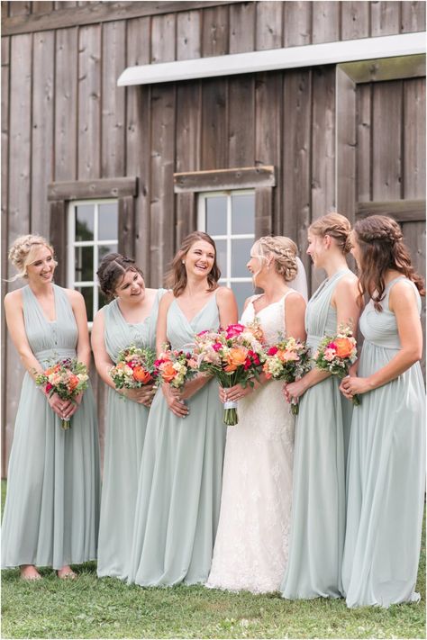 Sage Green Wedding With Bright Flowers, Finger Foods For The Beach, Sage Green Bridesmaid Dresses Bright Flowers, Pale Green Bridesmaid Dresses, Bridesmaid Dresses Fuschia, Sage Green Bridesmaids, Fuschia Bridesmaid Dresses, Bright Pink Wedding, Peach Wedding Colors