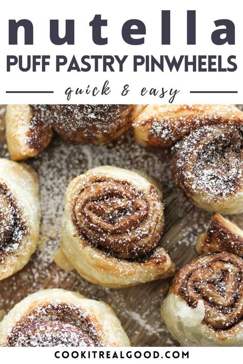 These chocolate pinwheels are an easy treat that the whole family will love. Made with frozen puff pastry and nutella, you'll love how quickly they come together in either the oven or the air fryer. Puff Pastry With Nutella Recipe, Nutella Pinwheels Puff Pastries, Puff Pastry Pinwheels Sweets, Puff Pastry Dessert Nutella, Puff Pastry Recipes Air Fryer, Airfryer Puff Pastry Recipes, Puff Pastry And Nutella, Quick Puff Pastry Dessert, Air Fryer Puff Pastry Recipes