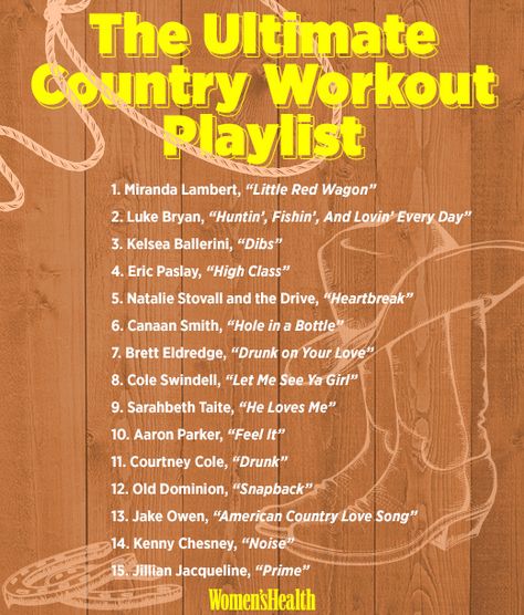 The Ultimate Country Workout Playlist  http://www.womenshealthmag.com/fitness/country-workout-playlist?cid=soc_Women%27s Health - womenshealthmagazine_FBPAGE_Women%27s Health__ One Song Workouts, Country Music Workout Playlist, Music Songs Playlists, Song Workouts, Workout Playlists, Country Music Playlist, Country Heat, Country Playlist, Running Playlist