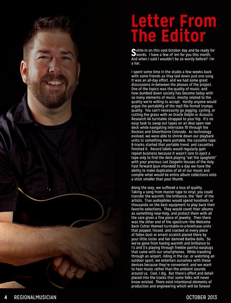 Regional Musician Magazine October 2013 Letter From The Editor Greg McNair Editors Letter Magazine Design, Sports Magazine Design, Letter From The Editor, Fashion Writing, Editors Note, Magazine Design Cover, Magazine Cover Template, Magazine Layout Inspiration, Cover Letter Design