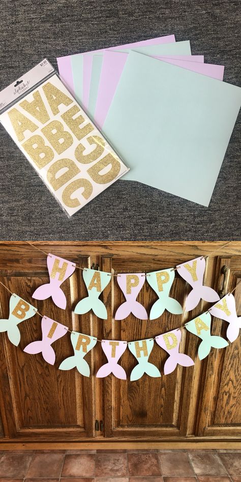 Diy Ariel Birthday Party, Easy Mermaid Decorations, Diy Ariel Decorations, Mermaid Birthday Banner Diy, Mermaid Theme Decorations Diy, Mermaid Party Cricut Ideas, Diy Mermaid Birthday Party Ideas, Mermaid Birthday Crafts, Ariel Birthday Party Decorations Diy