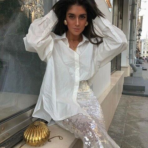 White Sequin Skirt, Sequin Skirt Outfit, Sequins Skirt, Sequin Midi Skirt, Looks Street Style, Zara Skirts, Zara White, Looks Style, Mode Inspiration