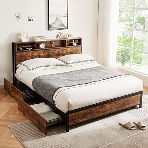 Amazon.com - Alohappy King Bed Frame with Bookcase Headboard and 4 Storage Drawers,Metal Platform Bed Frame King Size,Double-Row Support Bars, Easy Assembly, Noise-Free, No Box Spring Needed(Vintage Brown) - Industrial Bed Frame, Platform Bed Frame Full, King Size Storage Bed, Queen Size Storage Bed, Beautiful Bed Designs, Platform Bed With Drawers, Led Bed Frame, King Storage Bed, Lit King Size