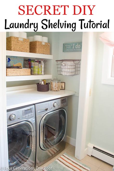 How to make DIY Floating Shelves for a laundry room and a folding table over a washer and dryer with AC plywood. These DIY budget friendly shelves created storage above the washer and dryer units which was wasted space. #diyshelves #diyshelving #diywoodshelves #laundryroomshelves #diyshelvingideas #diylaundryshelves #diylaundryshelvessmallspace #diylaundryshelving  via @4gens1roof Above Laundry Shelving, Diy Laundry Room Shelves, Laundy Room, Laundry Shelves, Laundry Room Storage Shelves, Architecture Renovation, Small Laundry Room Organization, Diy Wood Shelves, Room Storage Diy