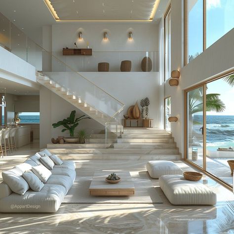 All White Modern House, Florida House Interior, Big House Interior, High Ceiling Home, Sala Aesthetic, Modern Homes Interior, Luxury Villa Interior, Villa Aesthetic, Modern Home Aesthetic