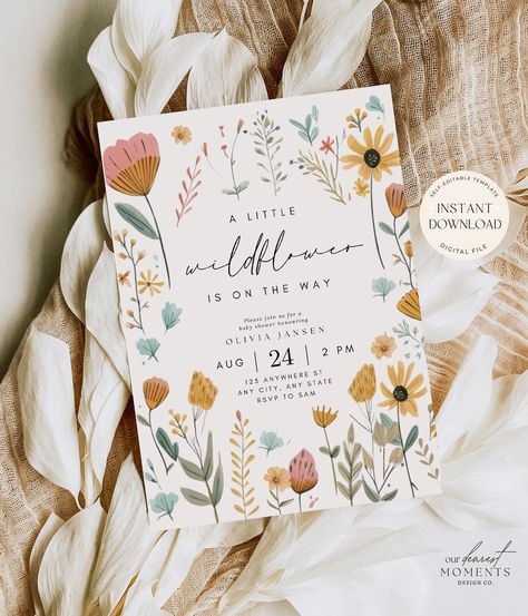 Looking for the perfect digital invitation template for your 'wildflower on the way' flower themed baby shower? Look no further! Discover the perfect touch for your celebration with this digital invitation template. This personalized and customizable design make planning a breeze. Create a memorable baby shower with a printable invite that will set the tone for a conducive and beautiful celebration. This is a fully personalized self-editable digital template that you can access and fill out your Wildflower On The Way, Springtime Baby Shower Ideas, Baby In Bloom Invite, Boho Wildflower Baby Shower Ideas, Wildflower Baby Shower Invitation, Baby In Bloom Fall Shower Ideas, A Little Wildflower Is On The Way Decor, May Baby Shower Themes, A Little Wildflower Is On The Way