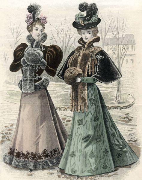 Victorian Fashion - 1893 to 1896 Lady Bracknell, Victorian Winter, Victorian Era Fashion, 1890s Fashion, Victorian Paintings, Bijoux Art Nouveau, Winter Pins, Victorian Costume, 19th Century Fashion