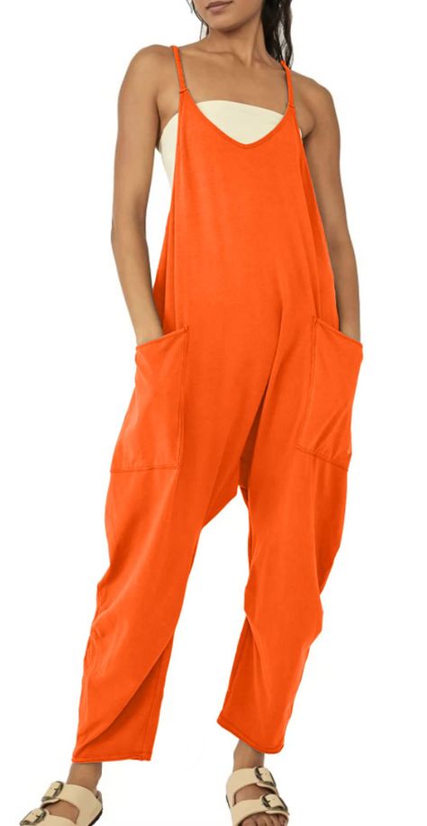 PRICES MAY VARY. Spaghetti straps slip jumpsuit Loose and baggy style Features: 2 Side pockets/ Harem pants wide leg pants/ Lounge style/ Solid color- black, grey, green, brown, orange, blue, purple Versatile jumpsuit: This slip jumpsuit is fitted for women as casual daily wear cargo jumpsuit sleeveless long romper, holiday vacation casual wide leg harem pants jumpsuit one piece outfits bib overalls, evening party night club bar loose jumpsuit flare pants cargo jumpsuit Size: Please refer to the Orange Red, Shoulder Straps, Spaghetti, Overalls, Jumpsuit, Rompers, Orange, Pants, Shoulder Strap