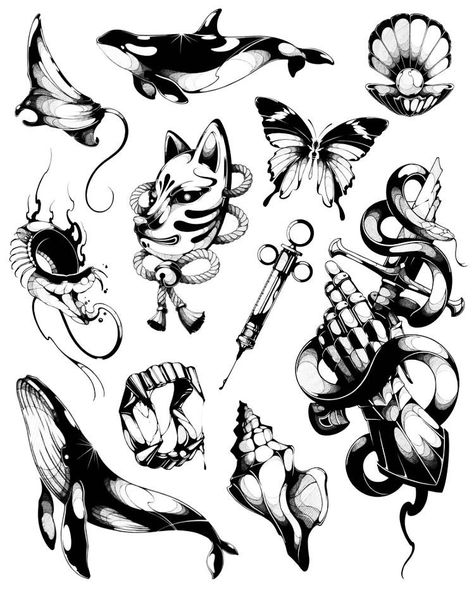 Aesthetic Tattoo Flash Sheet, Flash Tattoo Blackwork, Dark Flash Tattoo, Desain Tattoo, Blackwork Flash, Flash Tattoo Designs, Tattoo Flash Sheet, Doodle Tattoo, Asian Tattoos