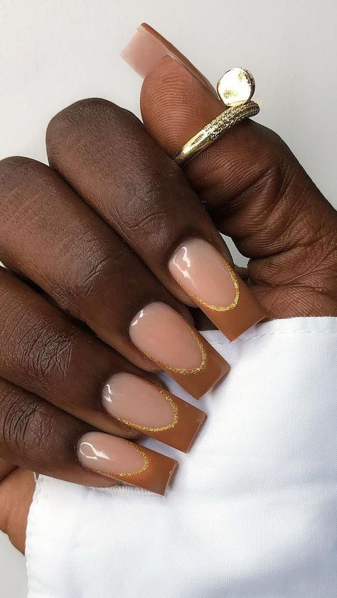 15 Neutral French Manicure Ideas, From Cream to Chocolate Chocolate French Nails, Elegant Fall Nails Square, Brown And Gold French Tip Nails, Brown French Tip With Gold, French Tip Base Color, Fall French Manicure Ideas, Burgundy Nail Tips, Almond Nails Designs Brown, Brown Nails On Black Women