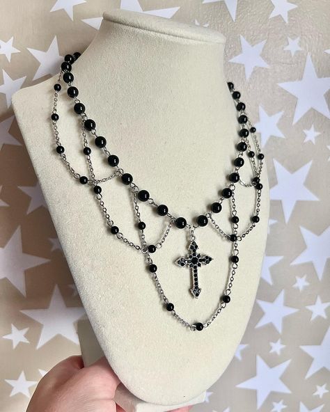 ‘Grim Reaper’ Necklace made with black onyx beads, stainless steel findings, and stainless steel chain 20in + 2in extension chain available now, link in bio #explorepage #gothic #cross #necklace Diy Cross Necklace, Gothic Cross Necklace, Gothic Jewelry Diy, Gothic Jewellery, Goth Necklace, Gothic Cross, Diy Cross, Gothic Accessories, Gothic Necklace