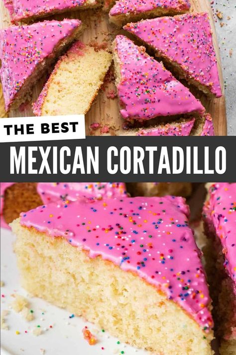 Cortadillo (Mexican Pink Cake) is a soft and pillowy pan dulce that's known for its vibrant pink icing. Topped with fun colorful sprinkles, it’s the perfect treat for your kids and a popular sweet bread sold at Mexican bakeries! Mexican Pink Cake Recipe, Mexican Pink Cake, Mexican Cake Recipes, Mexican Bakery, Mexican Sweets, Mexican Cake, Mexican Sweet Breads, Mexican Bread, Mexican Dessert Recipes