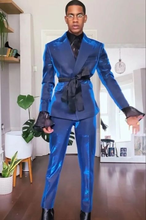 Glittery Suits For Men, 90s Club Fashion Men, Mens Dress Outfits Formal, Birthday Outfit Black Men, Cut Sleeves Suit, Non Binary Suit, Prom Suits For Men Blue, Velvet Prom Suit, Birthday Outfit Men