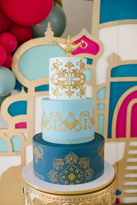 Kara's Party Ideas Aladdin Birthday Party | Kara's Party Ideas Fancy Balloons, Aladdin Invitation, Aladdin Theme, Aladdin Birthday Party, Princess Jasmine Birthday Party, Princess Jasmine Birthday, Jasmine Birthday, Quinceanera Cakes, Genie Lamp