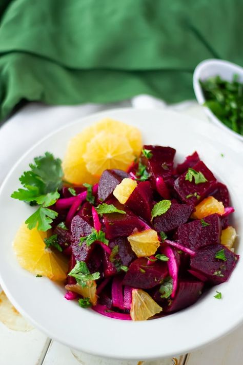 A simple Moroccan Beet Salad recipe with fresh orange dressing and mint. The perfect vegan appetizer or side dish for a Middle Eastern feast. Can be made ahead of time #salad #vegan Mediterranean Dressing, Red Beets Salad, Lamb Side Dishes, Cumin Recipes, Beef Tagine, Orange Dressing, Moroccan Salad, Beet Salad Recipes, Roasted Beet Salad