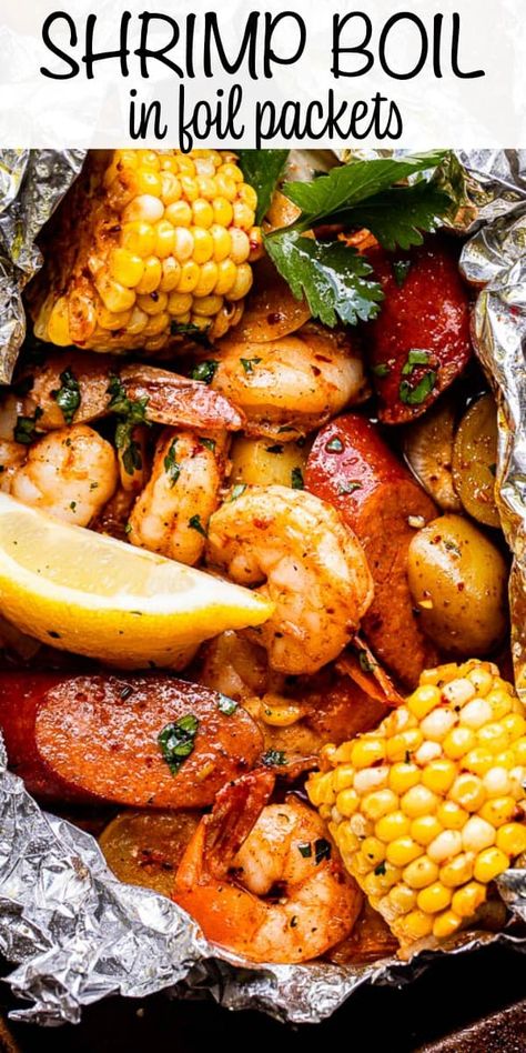 This Grilled Shrimp Boil in Foil Packets is a flavor-packed meal that's easy to make on the grill or in the oven! This hearty dinner is filled with perfectly seasoned potatoes, shrimp, sausage, and corn. #grilling #shrimpboil #campingrecipes Dinner For 2 On The Grill, Foil Packet Shrimp Boil, Camping Shrimp Foil Packets, Fish And Shrimp Foil Packets In Oven, Sausage Shrimp Boil, Small Grill Recipes, Foil Meals Oven Dinners, 15 Minutes Meals, Seafood On Grill