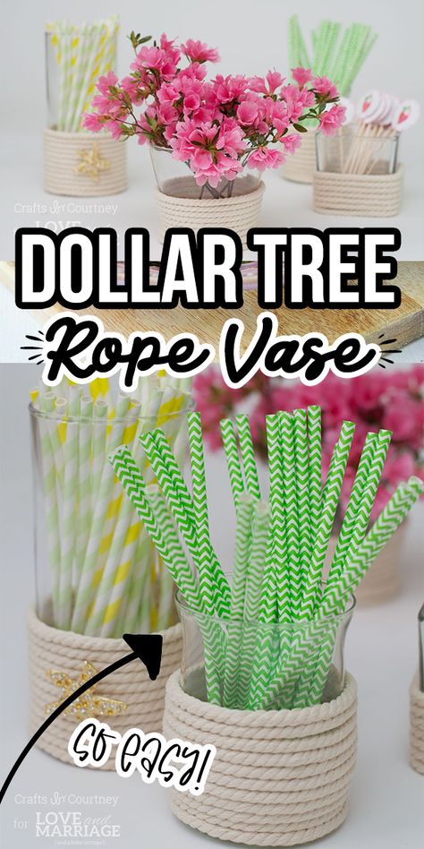 DIY Vase Craft: Dollar Store Vase Makeover Vase Makeover, Homemade Vase, Tree Rope, Dollar Tree Vases, Diy Mod Podge, Paper Pot, Rope Projects, Craft Things, Dollar Store Hacks