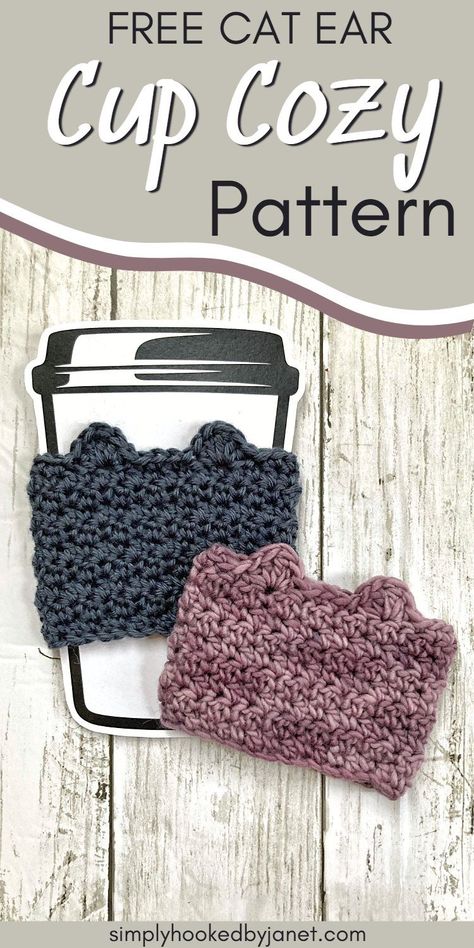 An easy and free crochet pattern for a fun cat ear cup cozy. This project will make a great gift and is perfect for leftover scrap yarn. Use a worsted weight yarn for this crochet cup cozy. Great gift idea for a cat lover. Easy and simple free crochet pattern. Crochet craft show item to sell. A free crochet coffee sleeve pattern by Simply Hooked by Janet. #freecrochetpattern Crochet Cat Mug Cozy, Crochet Cat Coffee Sleeve, Coffee Cup Cosy Crochet, Crochet Cat Cup Cozy, Easy Cup Cozy Crochet Pattern, Crochet Coffee Pattern, Cup Sleeve Crochet Pattern, Crochet Slim Can Cozy Free Pattern, Crochet Coffee Sleeve Pattern