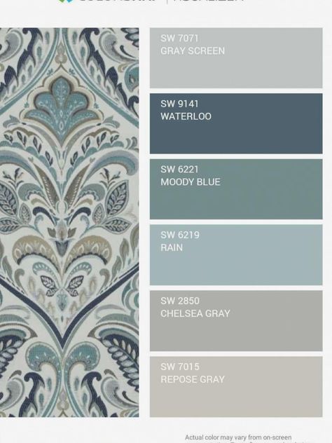 Gray Blue And Sage Living Room, Lounge Decor Color Schemes, Living Room Color Palette Ideas, Sage And Blue Color Palette, Interior Paint Ideas, Nola House, Paint Pallets, Brown Room, Interior Paint Colors Schemes