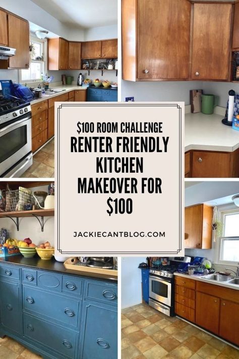 Cabinet Rental Makeover, Rental Apt Makeover, Rental Kitchen Countertop, Rental Kitchen Inspiration, Outdated Kitchen Makeover Rental, Rental Kitchen Design, Rental Decorating Kitchen, Diy Retro Kitchen Decor, Rental Friendly Cabinet Makeover