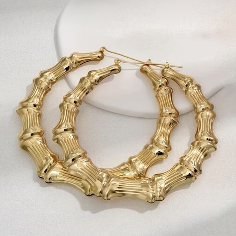 Gold Miss Iron Gold Hoops Aesthetic, Gold Bamboo Earrings, Big Gold Hoop Earrings, 2000s Jewelry, Hoop Earrings Aesthetic, Large Gold Earrings, Jewelry Closet, Bamboo Hoop Earrings, Bamboo Earrings