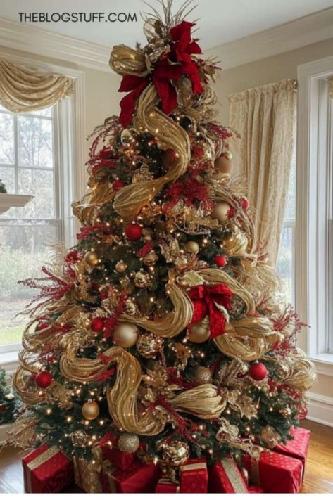 60 Christmas Tree Decor Ideas to Inspired You Christmas Ribbon For Trees, Red And Gold Decorated Christmas Trees, Red And Gold Tree Christmas, Christmas Tree Ideas Classy Red And Gold, Traditional Color Christmas Tree, How To Place Ribbon On Xmas Tree, Fully Decorated Christmas Tree, Ribbon Decor On Christmas Tree, Gold And Red Christmas Decorations Ideas