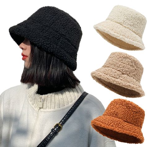 Winter Warm Bucket Hats Lamb Wool Faux Fur Fisherman Caps Women Thicken Plush Hats Outdoor Keep Warm Bucket Hat Winter, Winter Bucket Hat, Warm Hats, Crochet Bucket Hat, Stylish Hats, Fisherman Hat, Outfits With Hats, Bucket Hats, Caps For Women