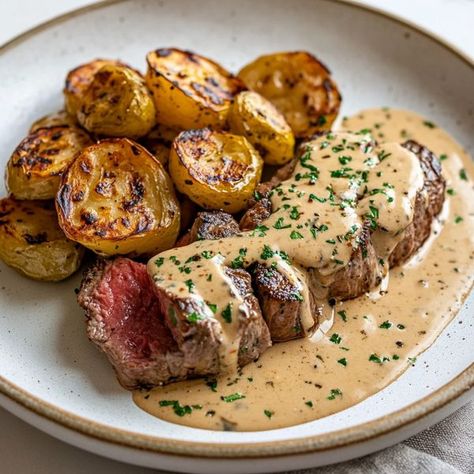 cookefast | Savory Steak Diane with Creamy Cognac Sauce | Facebook Course Meal Menu Ideas, Fancy Recipes Dinner, Steak Dinner Aesthetic, Three Course Meal Ideas, Date Night Food Ideas, Dinner Ideas Aesthetic, Steak Diane Sauce, Dinner For Him, Beef Tenderloin Steaks