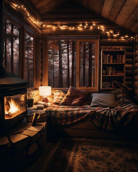 Fall Cabins In The Woods, Creepy Cozy Aesthetic, Fall Cabin Aesthetic, Cabin Aesthetic Interiors, Cabin Theme Bedroom, Cabin Themed Bedroom, Cozy Loft Bedroom, Winter Cabin Aesthetic, Dark Cabin