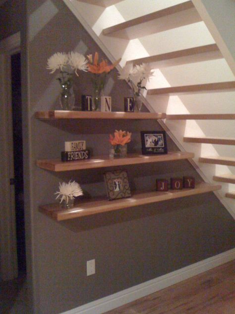 Under Stairs Floating Shelves, Floating Shelves Under Stairs, Stair Wall Ideas, Maple Shelves, Shelves Under Stairs, Stair Shelves, Basement Room, Top Of Stairs, Stairs Landing