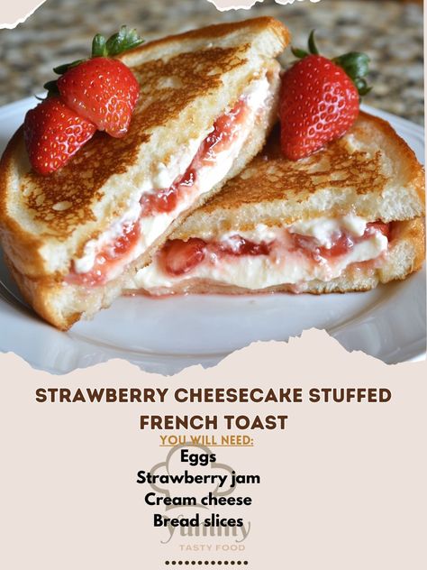 🍓🍞 Delight in Strawberry Cheesecake Stuffed French Toast! A decadent breakfast that feels like dessert! 🍓🍞 #FrenchToast #BreakfastTreat Strawberry Cheesecake Stuffed French Toast Ingredients: Bread slices (8) Cream cheese (1/2 cup) Strawberry jam (1/4 cup) Eggs (3) Milk (1 cup) Vanilla extract (1 tsp) Butter (for cooking) Fresh strawberries, sliced (for garnish) Instructions: Mix cream cheese and strawberry jam. Spread between two slices of bread. Beat eggs, milk, and vanilla. Dip stuffed... Vanilla Dip, Cheesecake Stuffed French Toast, Menu Presentation, Decadent Breakfast, Cream Cheese Toast, Cream Cheese Sandwiches, French Toast Ingredients, Stuffed French Toast, Fry Bread