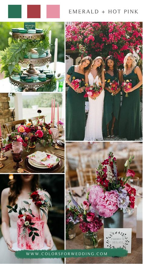 emerald and hot pink spring summer wedding color ideas Summer Wedding Color Schemes, Emerald Wedding Colors, Fuschia Wedding, Wedding Color Schemes Summer, Wedding Color Palette Summer, Magenta Wedding, Pink Wedding Colors, Wedding Color Pallet, Fall Wedding Color Palette