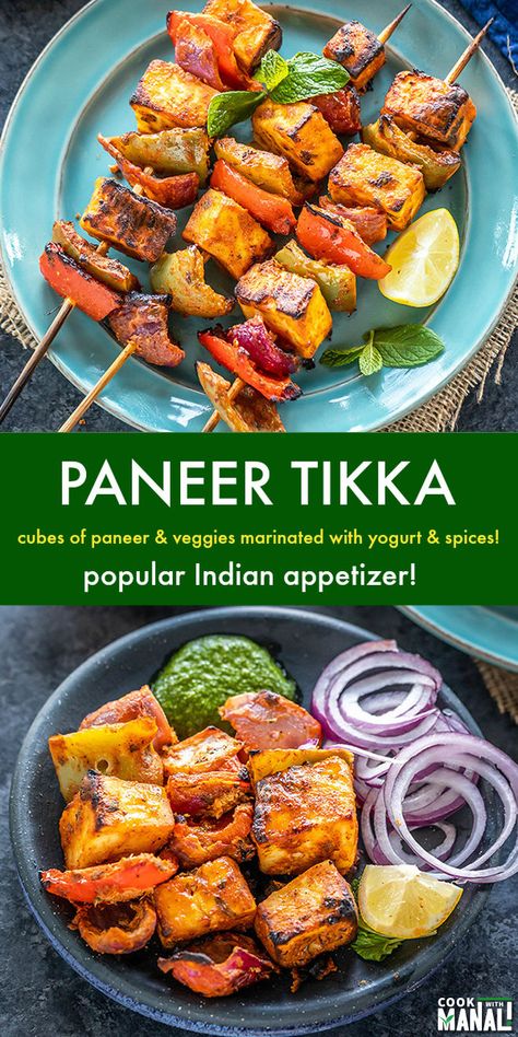 Paneer Tikka is popular Indian appetizer made with cubes of paneer & veggies marinated with yogurt and spices. Traditionally it's grilled in a tandoor but you can make the same version in the oven with this easy recipe! #vegetarian #indian #appetizer Easy Recipe Vegetarian, Easy Indian Appetizers, Grilled Paneer, Tandoori Paneer, Paneer Dishes, Tikka Recipe, Indian Appetizers, Vegetarian Indian, Recipes Paleo