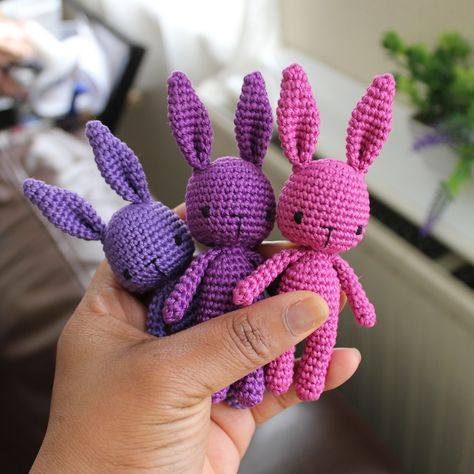 Mini crochet bunnies in Violet, Ultra Violet and Garden Rose. #crochet #amigurumi #crochetbunny #ericaandeleanor Crochet Bunnies, Rose Crochet, Mini Crochet, Garden Rose, Crochet Bunny, Ultra Violet, Crochet Amigurumi, Violet, Amigurumi