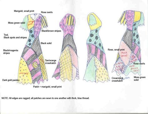 Another reference sheet, this one for Sally's dress. I looked at HUNDREDS of official images and art and you know what? No two were alike. EVERY SINGLE ONE had a different interpretation of her dre... Sally Dress Nightmare Before Christmas, Sally Nightmare Before Christmas Dress, Sallys Dress, Sally Dress Pattern, Sally Outfit, Sally Sewing, Sally Nightmare Before Christmas Costume, Sally Nbc, Sally Halloween Costume