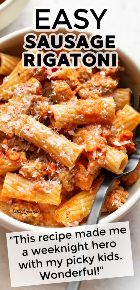 Italian Sausage Recipes Tomato Sauce, Italian Sausage Rotini Pasta Recipes, Easy Pasta With Sausage, Pasta W Sausage, Sausage Rigatoni Pasta Recipes, One Pot Italian Sausage Rigatoni, Italian Sausage Meals Dinners, Easy Italian Sausage Crockpot Recipes, Dinner Ideas Pasta Sausage