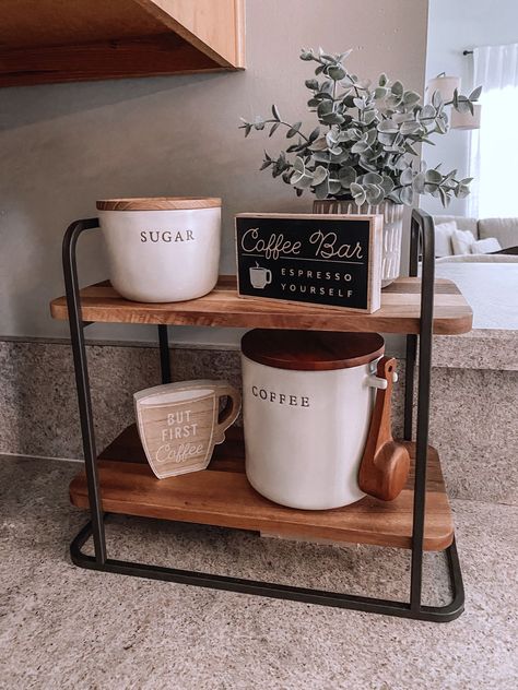 Minimalist Coffee Station Kitchen, Coffee Spot On Kitchen Counter, Coffee Nook Countertop, Coffee Tray Decor Ideas, Coffee And Tea Organization Countertop, At Home Coffee Station Counter Space, Medicine Storage On Counter, Buffet Bar Decor, Kitchen Decor Coffee Station