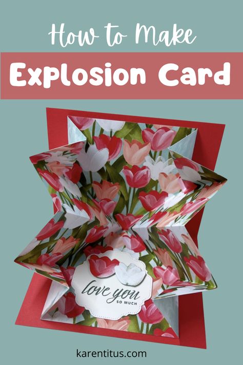 This may look like an ordinary card when closed but reveals a fun surprise when opened. Make this super fun explosion card the easiest way – and to remember how to make it for years to come – make it with a story! Click on the link to learn more. Card Craft // Card Ideas // Card Making // Card Design // Handmade Cards // Cards Handmade // Card Crafting // Fun Fold Card Card Closing Ideas, Explosion Box Card Ideas, Unique Card Ideas Diy, Explosion Card Ideas, Card Folds Techniques Tutorials Ideas, Split Coast Stampers Cards Ideas, Fun Folds Stampin Up Cards Tutorials, Karen Titus Stamping On The Back Porch, Fancy Fold Card Tutorials How To Make