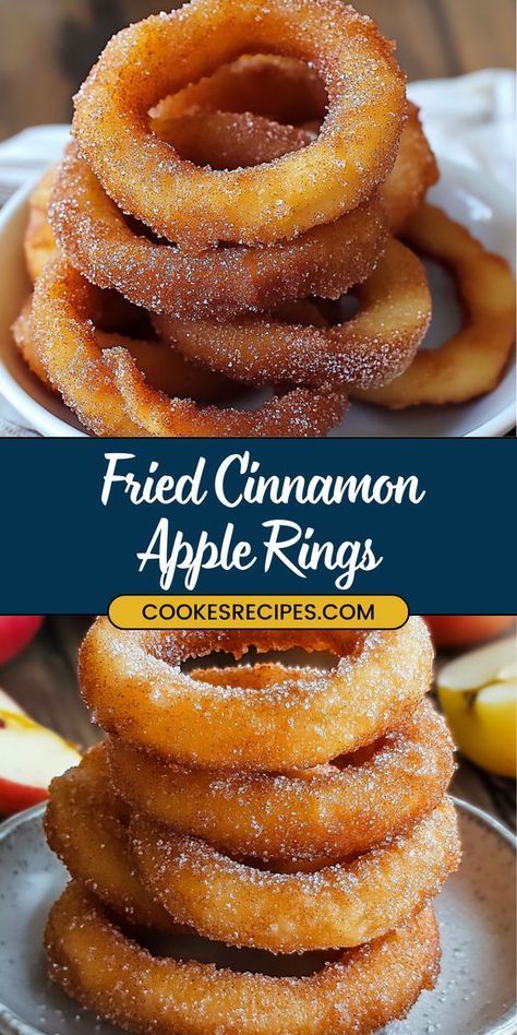 These Fried Cinnamon Apple Rings are a delightful treat, offering a crispy exterior with a tender, sweet apple center. Coated in a cinnamon-sugar mixture, they’re perfect for a cozy dessert or a fun snack. Air Fried Baked Apples, Apple Rings Wrapped In Crescent Rolls, Apple And Cinnamon Recipes, Fried Apple Rings Air Fryer, Fall Dessert Recipes Apple Easy, Snacks With Honey Easy, Air Fried Cinnamon Apple Rings, Fall Cinnamon Desserts, Fall Treats With Apples