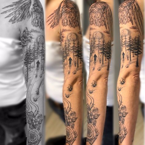 Tattoo uploaded by Tattoo in Münstertal / Eszter Fezler/ IronAries • sleeve tattoo, rose, pepper flower, skiing, wings, black and grey tattoo • 827423 • Tattoodo Black And Grey Tattoo, Wings Black, Tattoo Rose, Grey Tattoo, Sleeve Tattoo, Black And Grey Tattoos, Polynesian Tattoo, Sleeve Tattoos, Tatting