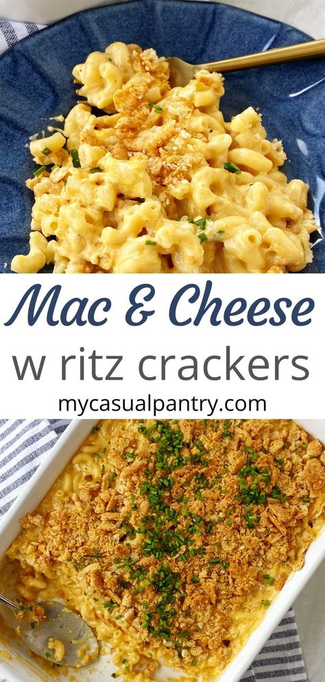 casserole dish of mac n cheese and a plate of mac and cheese. Mac And Cheese With Crackers On Top, Cracker Barrel Macaroni And Cheese Baked, Macaroni And Cheese With Ritz Crackers, Homemade Mac And Cheese Recipe Baked With Ritz Crackers, Homemade Mac And Cheese Recipe With Ritz Crackers, Ritz Cracker Mac And Cheese Recipe, Baked Mac And Cheese Ritz Crackers, Mac And Cheese Recipe Ritz Crackers, Cracker Topping For Casseroles